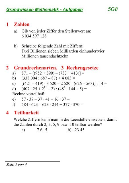 5g8 1 Zahlen 2 Grundrechenarten 3 Rechengesetze 4 Teilbarkeit
