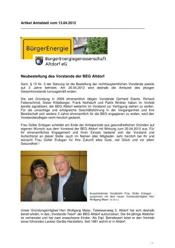 13.04.2012 Amtsblatt Neubestellung des Vorstands der BEG Altdorf