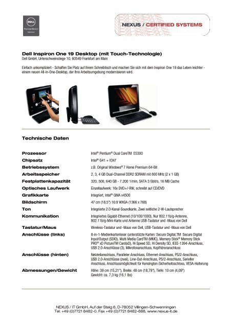 Dell Inspiron One 19 Desktop (mit Touch-Technologie) Technische ...