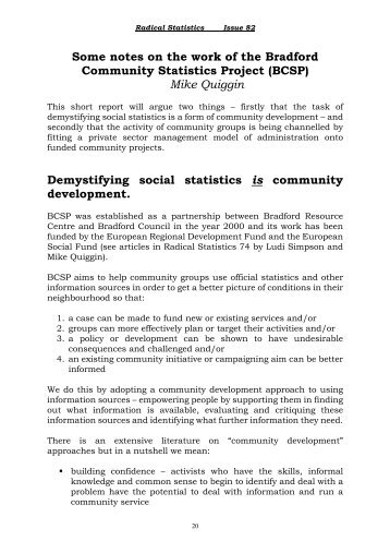 Some notes on the work of the Bradford Community Statistics Project ...