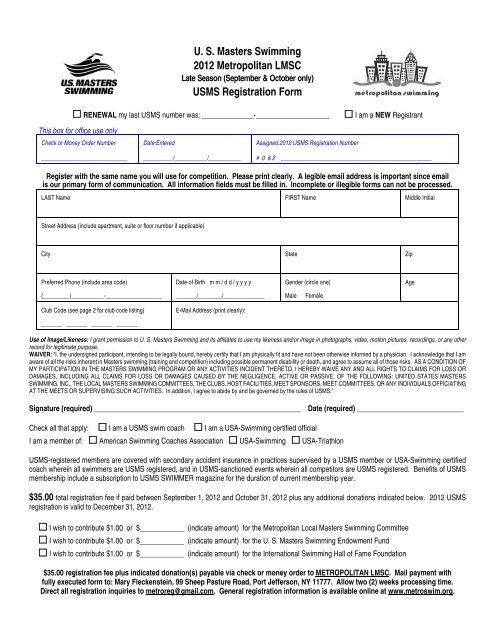 US Masters Swimming 2012 Metropolitan LMSC USMS Registration ...