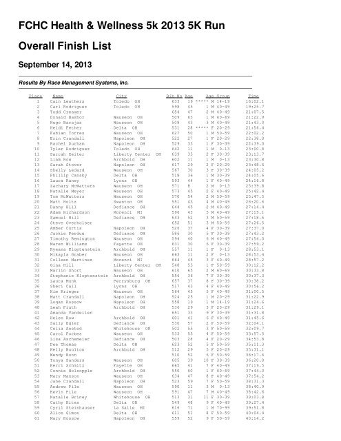 FCHC Health & Wellness 5k 2013 5K Run Overall Finish List
