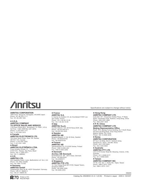 Anritsu MS2663C Spectrum Analyzer Data Sheet - Mr Test Equipment