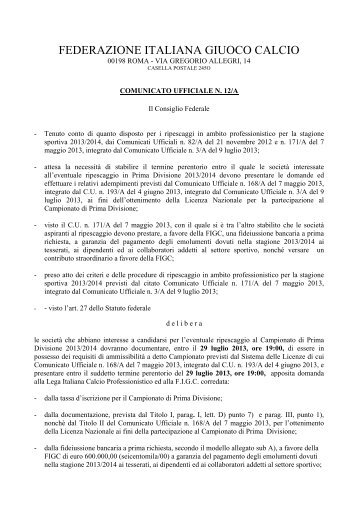 Termine presentazione domande ripescaggio I Divisione 2013-2014