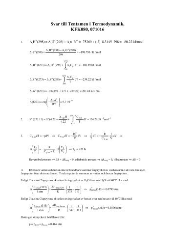 Svar till Tentamen i Termodynamik, KFK080, 071016 - CMPS