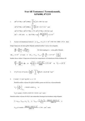 Svar till Tentamen i Termodynamik, KFK080, 071219 - CMPS