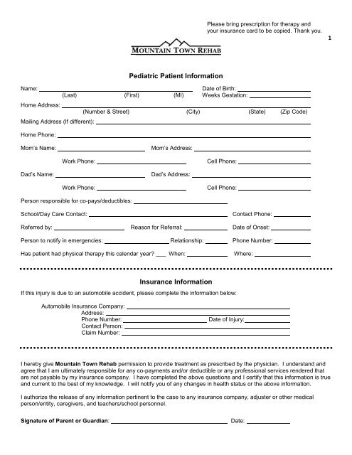 Pediatric Patient Information Form - Mountain Town Rehab