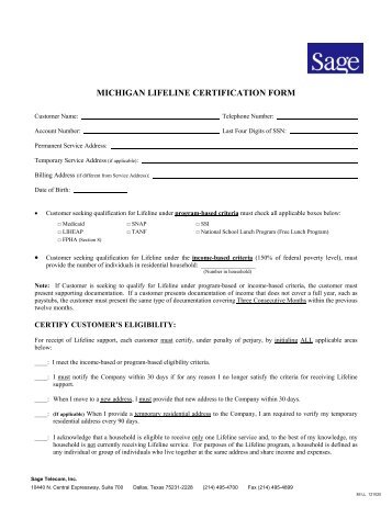 MICHIGAN LIFELINE CERTIFICATION FORM - Sage Telecom