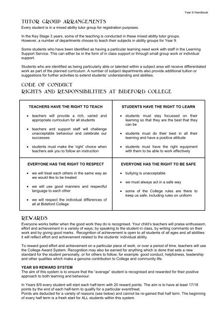 BIDEFORD COLLEGE PARENT/CARERS HANDBOOK YEAR 9