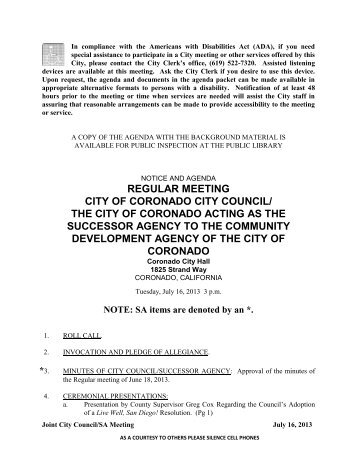 Coronado City Council Outline Agenda - City of Coronado