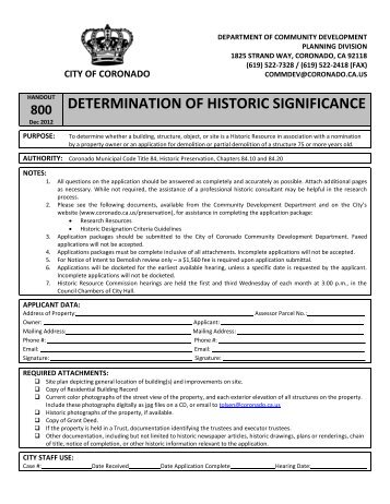 DETERMINATION OF HISTORIC SIGNIFICANCE - City of Coronado