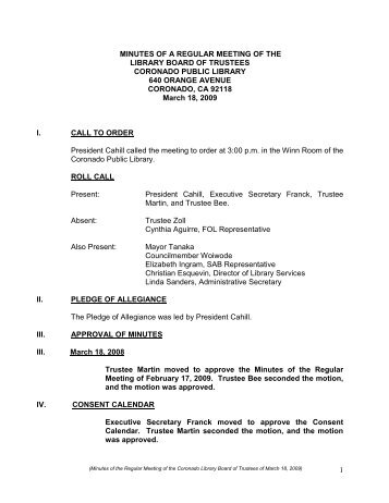 Coronado Public Library Board of Trustees Minutes - City of Coronado