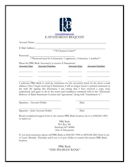 eStatement Request Form - PBK Bank