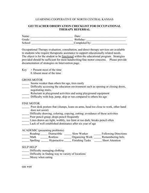 gei teacher observation checklist for occupational therapy - Usd 333