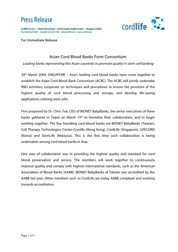 Asian Cord Blood Banks Form Consortium - CordLife