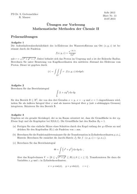 Â¨Ubungen zur Vorlesung Mathematische Methoden der Chemie II ...