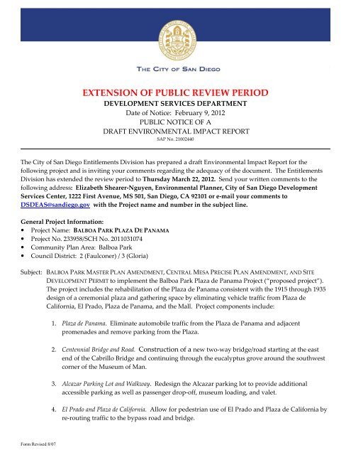 Extension of Public Review Notice - Balboa Park