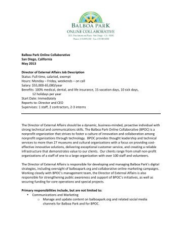 Director of External Affairs Job Description May 2013 ... - Balboa Park