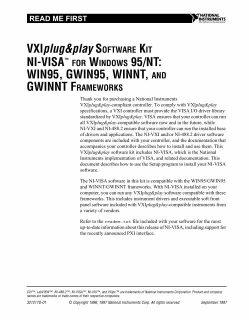 Read Me First: VXIplug&amp;play Software Kit NI-VISA for Windows 95/NT