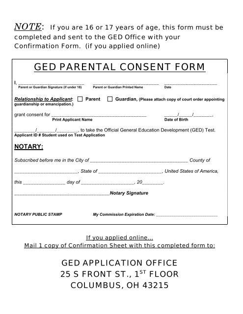 GED PARENTAL CONSENT FORM - Ohio Department of Education