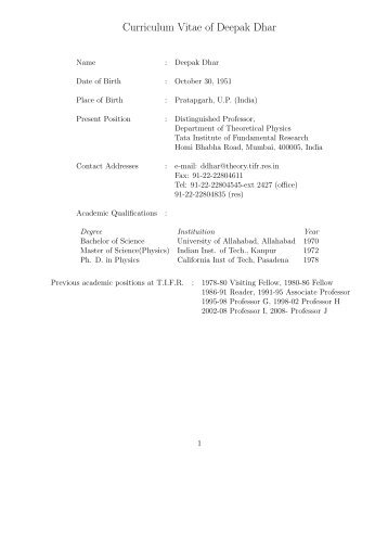Curriculum Vitae of Deepak Dhar - Department of Theoretical Physics