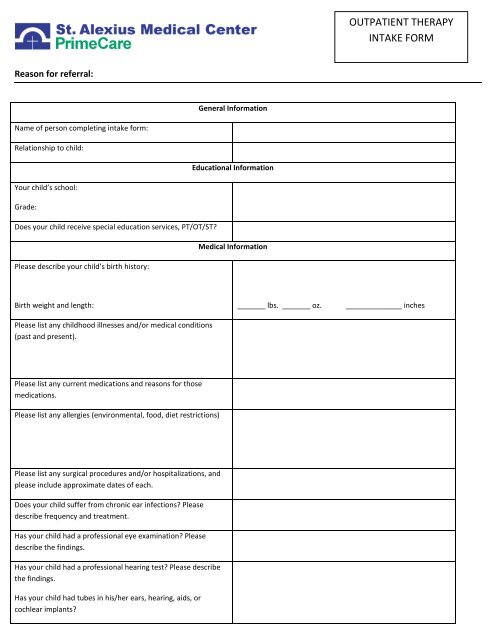 OUTPATIENT THERAPY INTAKE FORM - St. Alexius Medical Center