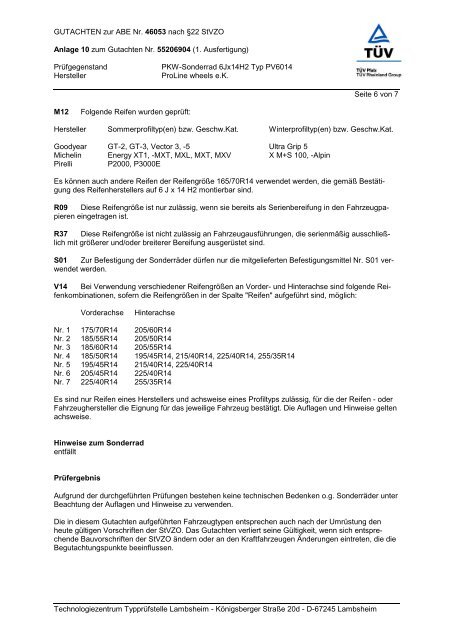 GUTACHTEN zur ABE Nr. 46053 nach Â§22 StVZO Anlage 10 zum ...