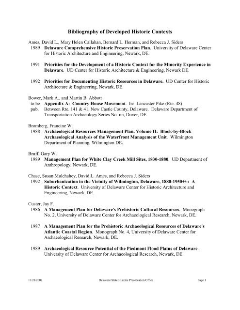 Bibliography Of Developed Historic Contexts
