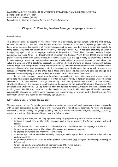 Chapter 5: Planning Modern Foreign Languages lessons