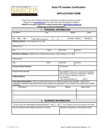 Solar PV Installer Certification APPLICATION FORM - nabcep