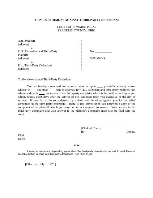 FORM 16 SUMMONS AGAINST