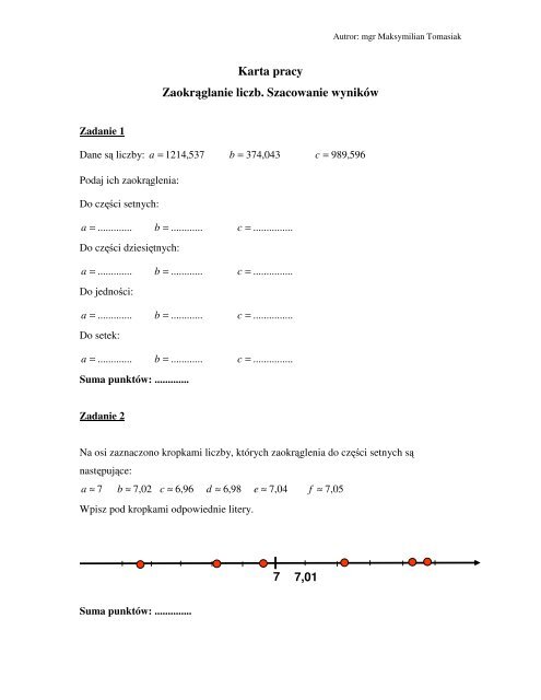 Karta pracy ZaokrÄ glanie liczb. Szacowanie wynikÃ³w - Interklasa