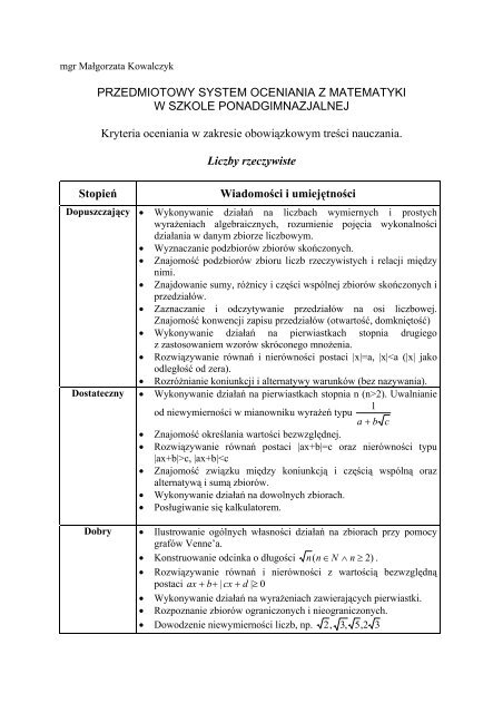 Przedmiotowy System Oceniania Z Matematyki W Wersji ... - Interklasa