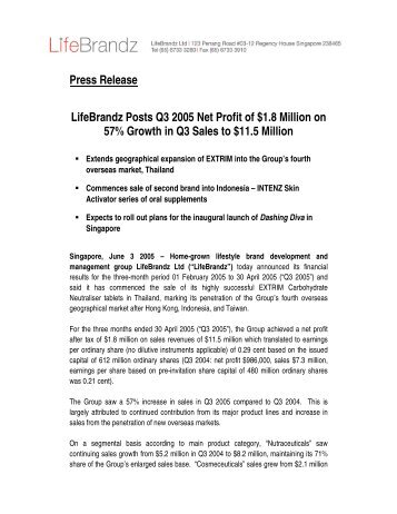 Press Release LifeBrandz Posts Q3 2005 Net Profit of $1.8 Million ...