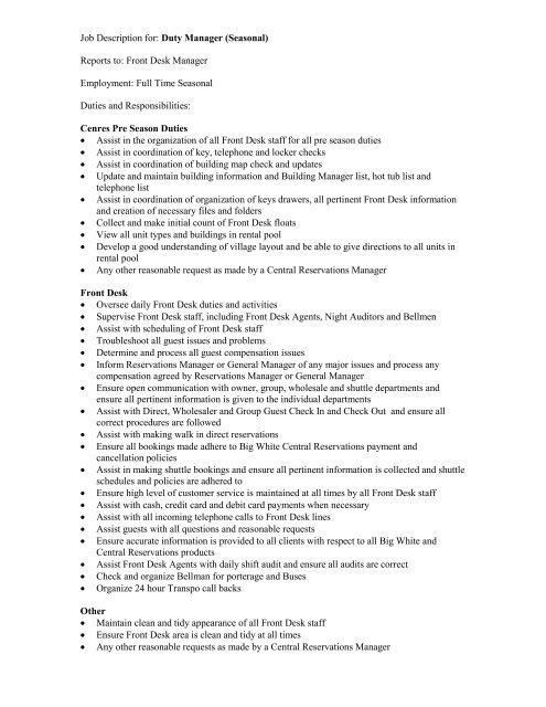 Job Description For Duty Manager Seasonal Reports To Owh