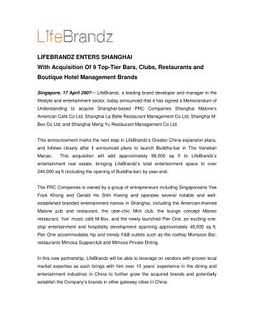 LIFEBRANDZ ENTERS SHANGHAI With Acquisition Of 9 Top-Tier ...