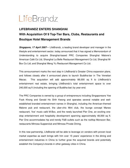 LIFEBRANDZ ENTERS SHANGHAI With Acquisition Of 9 Top-Tier ...