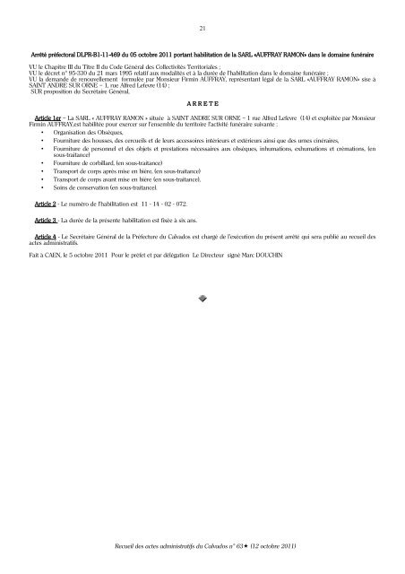 Recueil des actes administratifs nÂ° 63 du 12 octobre 2011