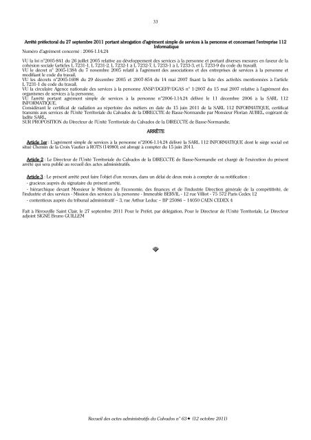 Recueil des actes administratifs nÂ° 63 du 12 octobre 2011