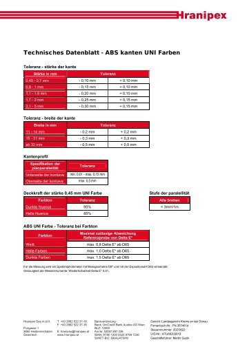 Technisches Datenblatt - ABS kanten UNI Farben - Hranipex