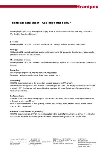 Technical data sheet - ABS edge UNI colour - Hranipex