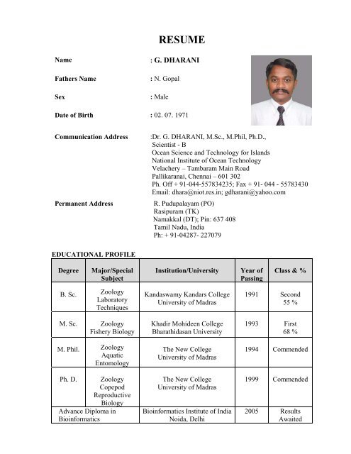 Biodata (pdf) - NIOT