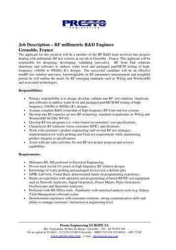 Job Description â RF millimetric R&D Engineer Grenoble, France