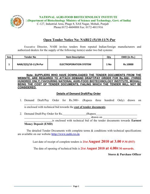 Open Tender Notice No: NABI/2 (5)/10-11/N-Pur - Nabi.res.in