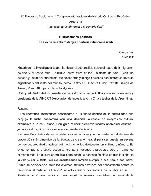 Hibridaciones polÃ­ticas. El caso de una dramaturgia libertaria