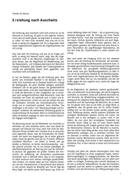 Adorno Erziehung Zur Mündigkeit Theodor W Adorno â Erziehung nach Auschwitz.pdf - dokumentation