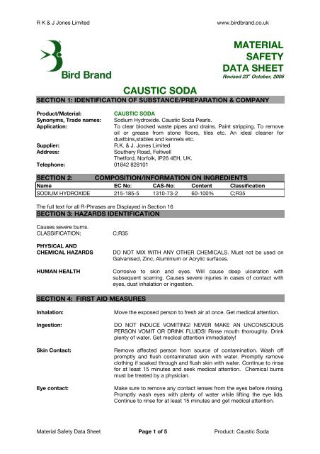 MATERIAL SAFETY DATA SHEET CAUSTIC SODA - Bird Brand