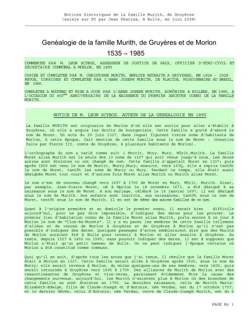 GenÃ©alogie de la famille Murith, de GruyÃ¨res et de ... - pharisa.ch
