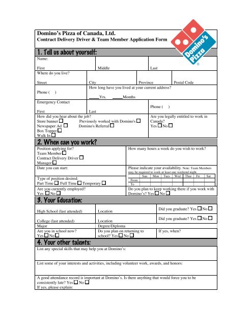 Download The Application Form - Dominos Pizza