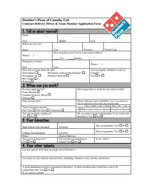 download the application form - Domino's Pizza